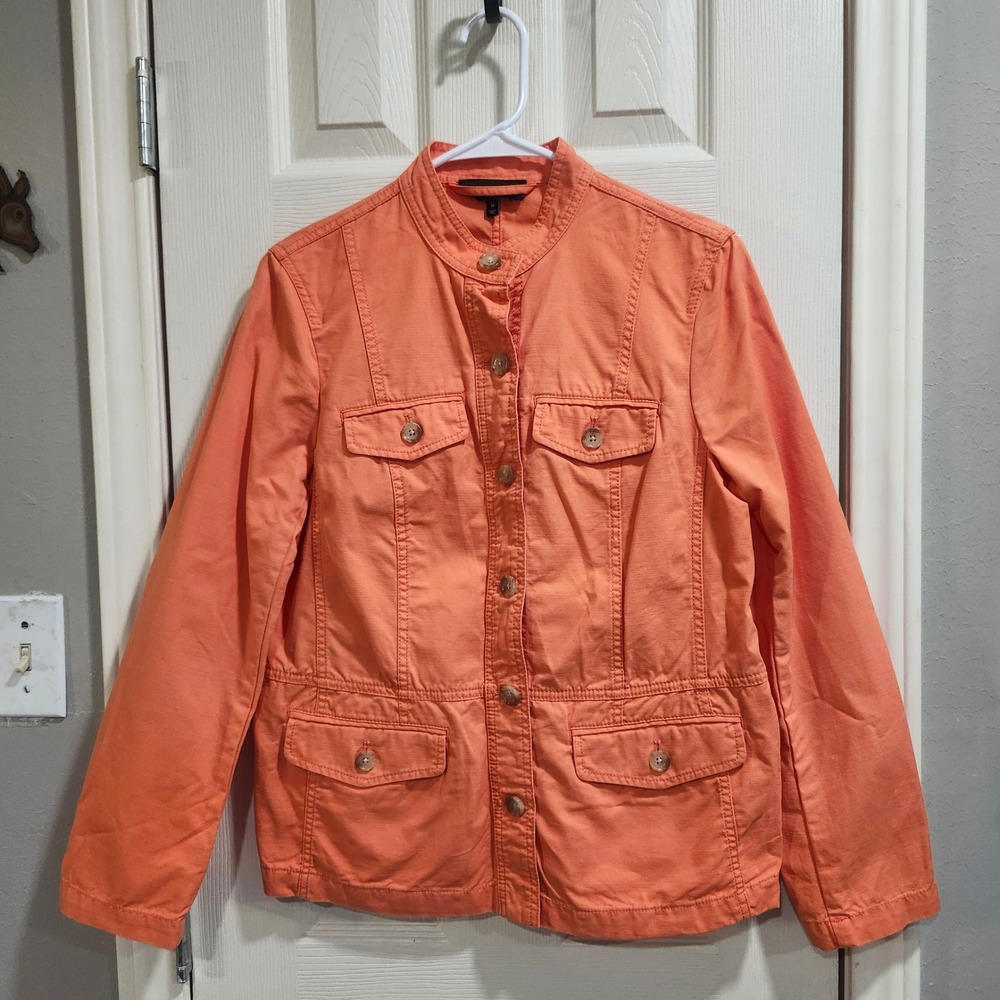 Talbots Womens Orange Cotton Utility Jacket Mock Neck Button Front Pockets Sz M